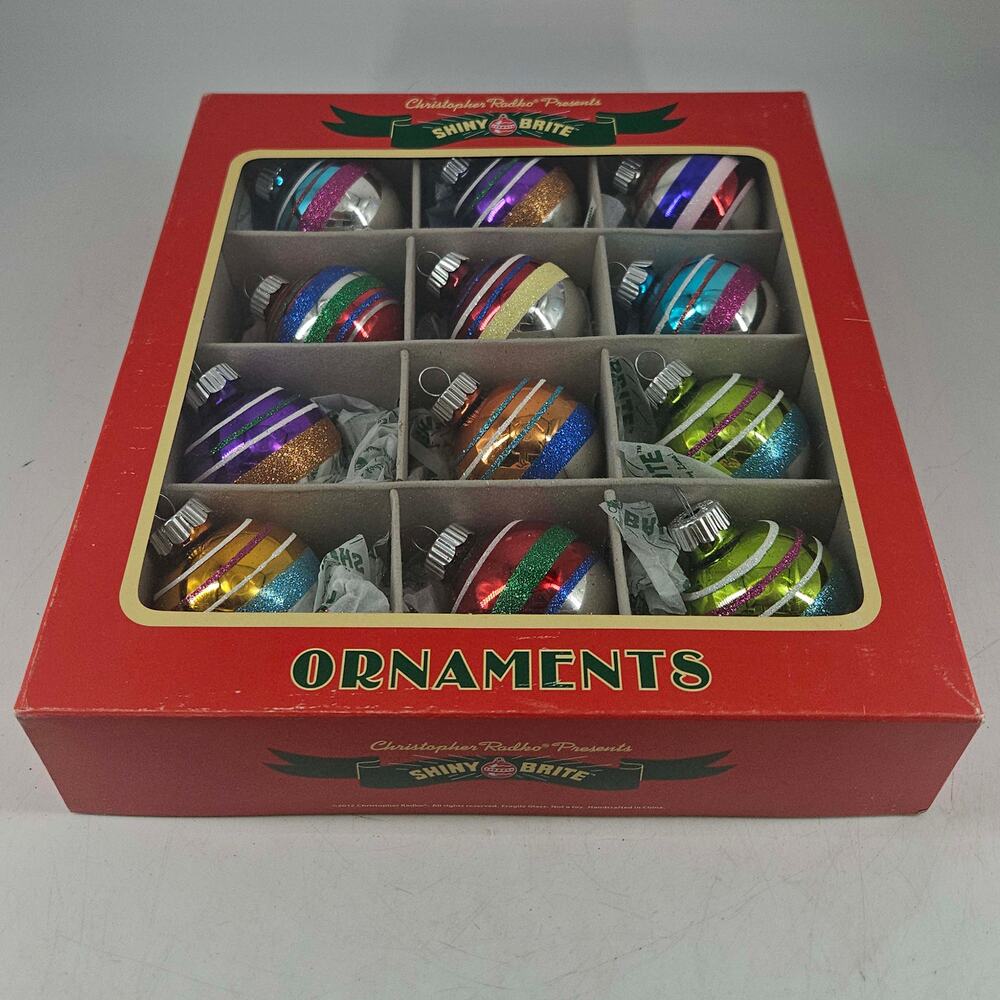 Set of 12 Radko Shiny Brite Christmas Ornaments horizontal glitter stripe